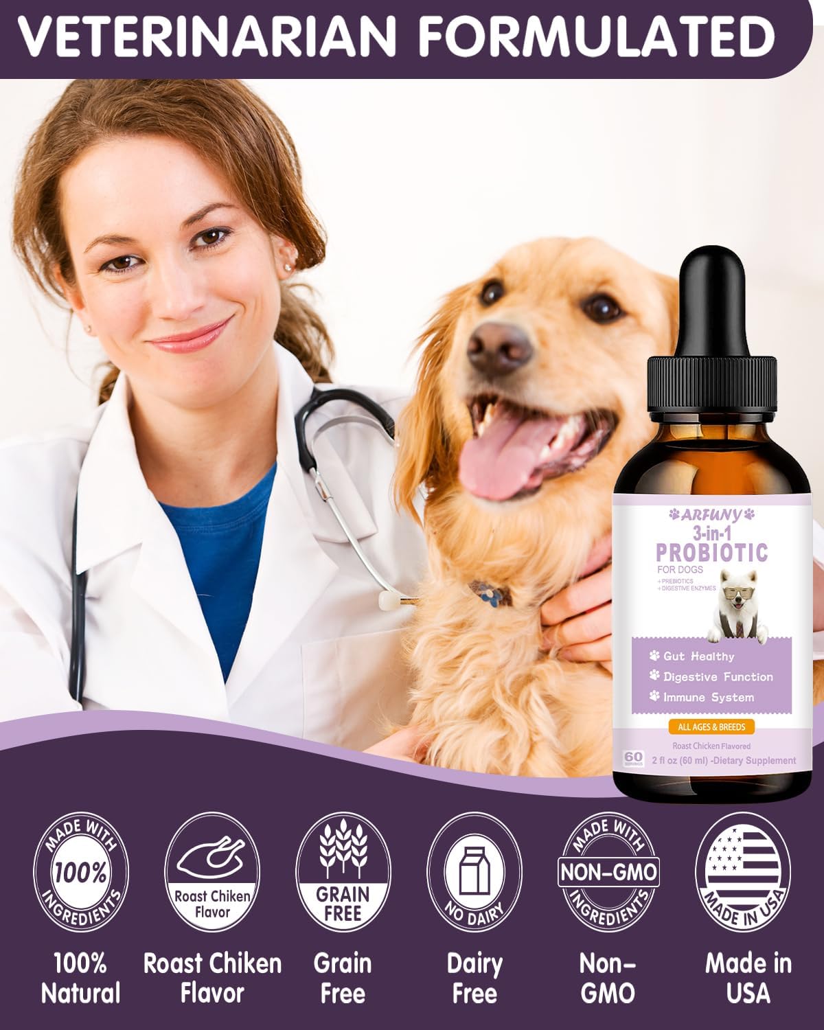 Roast Chicken Flavored Liquid Probiotics for Dogs - Supports Gut Flora, Digestive Health, Diarrhea, Allergies, and Itchy Skin