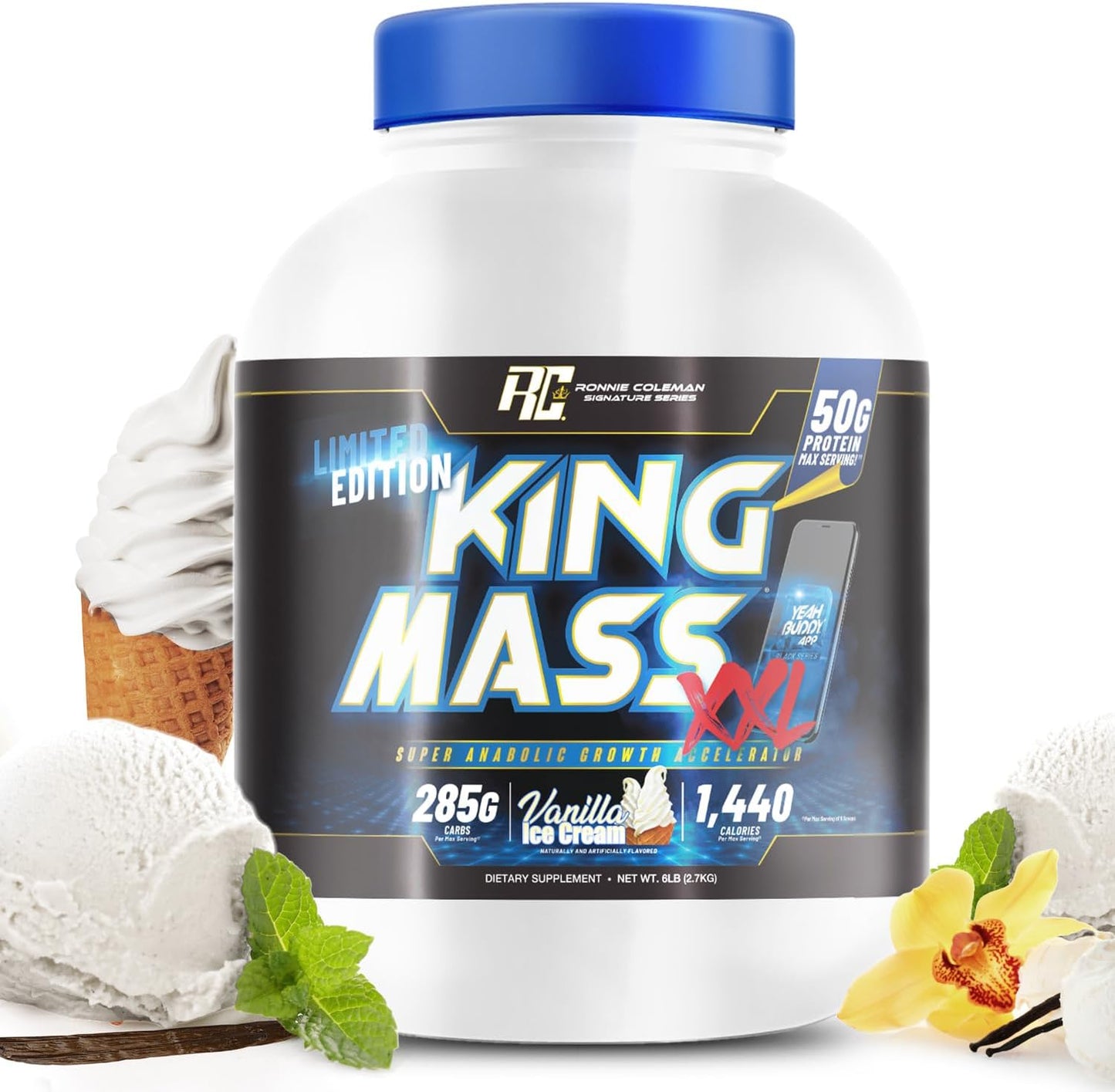 Ronnie Coleman Signature Series King Mass XXL Protein Powder - Muscle Gainer with 50g Protein, 285g Carbs, 1,400+ Calories, Creatine & Glutamine - 6lb Vanilla Flavor