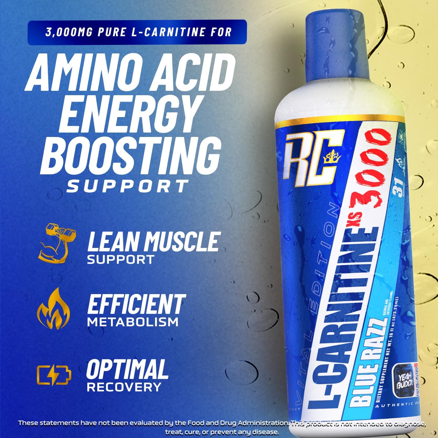Ronnie Coleman Signature Series L-Carnitine XS 3000 Liquid - Blue Razz Flavor - Supports Amino Acids Metabolism and Lean Muscle Strength - Stimulant Free - Sugar Free - Zero Carbs - 16 Oz