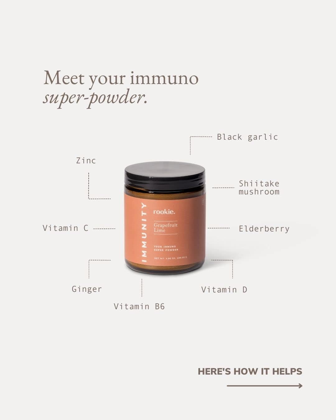 Rookie Wellness Immunity Boost Powder with Vitamin D, Elderberry, Ginger - Grapefruit & Lime Flavor - 30 Servings