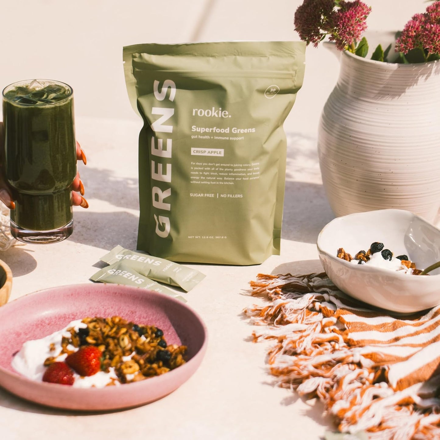 Rookie Wellness LLC Natural Greens Superfood Powder Drink with Digestive Enzymes, Mood & Immune Support - Crisp Apple Flavor (30 Servings)