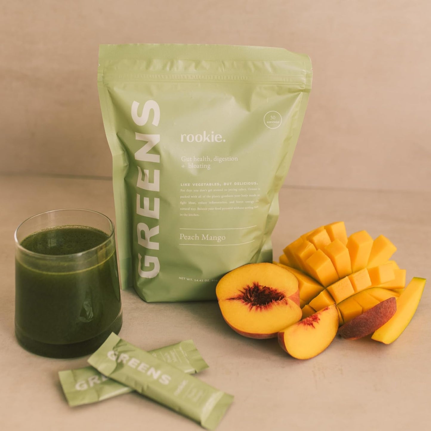 Rookie Wellness LLC Peach Mango Greens Superfood Powder Drink with Digestive Enzymes - Mood and Immune Support (30 Servings)