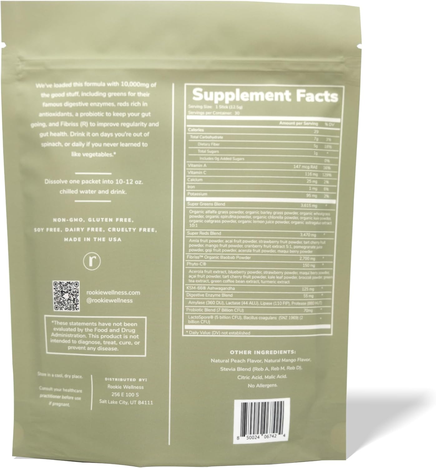 Rookie Wellness LLC Peach Mango Greens Superfood Powder Drink with Digestive Enzymes - Mood and Immune Support (30 Servings)