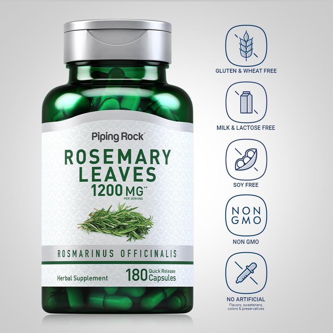Rosemary Leaves Extract Capsules 1200mg - 180 Count | Herbal Supplement Non-GMO & Gluten Free by Piping Rock