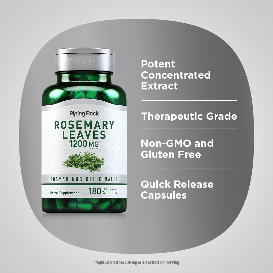 Rosemary Leaves Extract Capsules 1200mg - 180 Count | Herbal Supplement Non-GMO & Gluten Free by Piping Rock