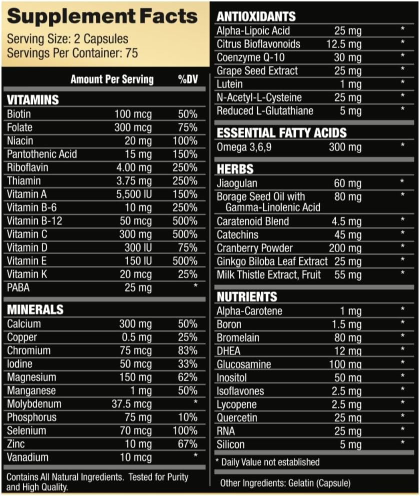 RSN Vita Life: Complete Multivitamin & Mineral with COQ-10, EFA, Veggies & Herbs Blend - 150 Capsules