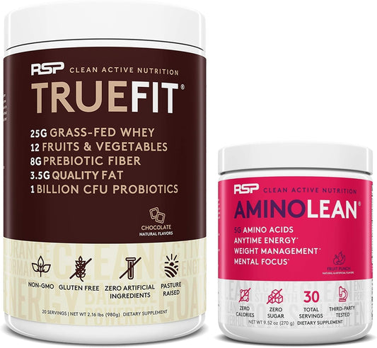 RSP NUTRITION AminoLean Pre Workout Energy & TrueFit Protein Powder Bundle - Fruit Punch & Chocolate Flavor