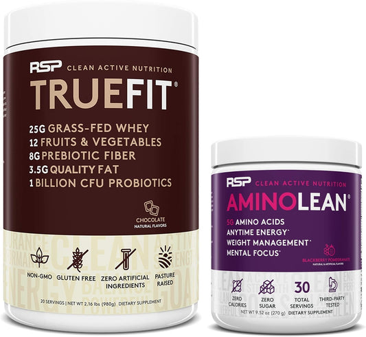 RSP NUTRITION TrueFit Chocolate Protein Powder 2 LB + AminoLean BlackBerry Pomegranate Pre Workout Energy 30 Servings