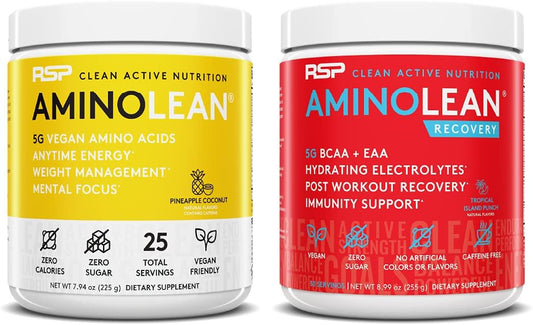 RSP NUTRITION Vegan AminoLean Pre & Post Workout Bundle - Pineapple Coconut Energy & Tropical Island Punch Recovery Boost (55 Servings)