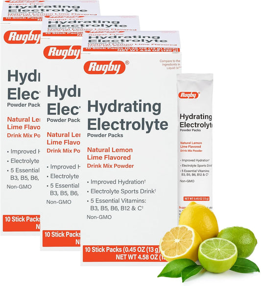 RUGBY LABORATORIES Electrolyte Powder Packs with Vitamins for Hydration - Lemon-Lime Flavor - 10 Stick Packs (0.56 oz Each, 3 Pack)