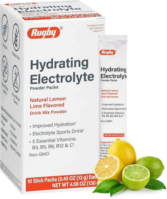 RUGBY LABORATORIES Hydrating Electrolyte Powder Packs - Vitamin-Enhanced Drink Mix - Lemon-Lime Flavor - 10 Stick Packs - 0.56 Oz (1 Pack)