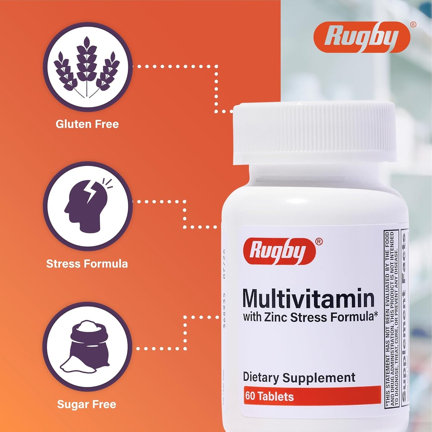 Rugby Multivitamin with Zinc Stress Formula - 180 Tablets - Dietary Supplement Pack of 3