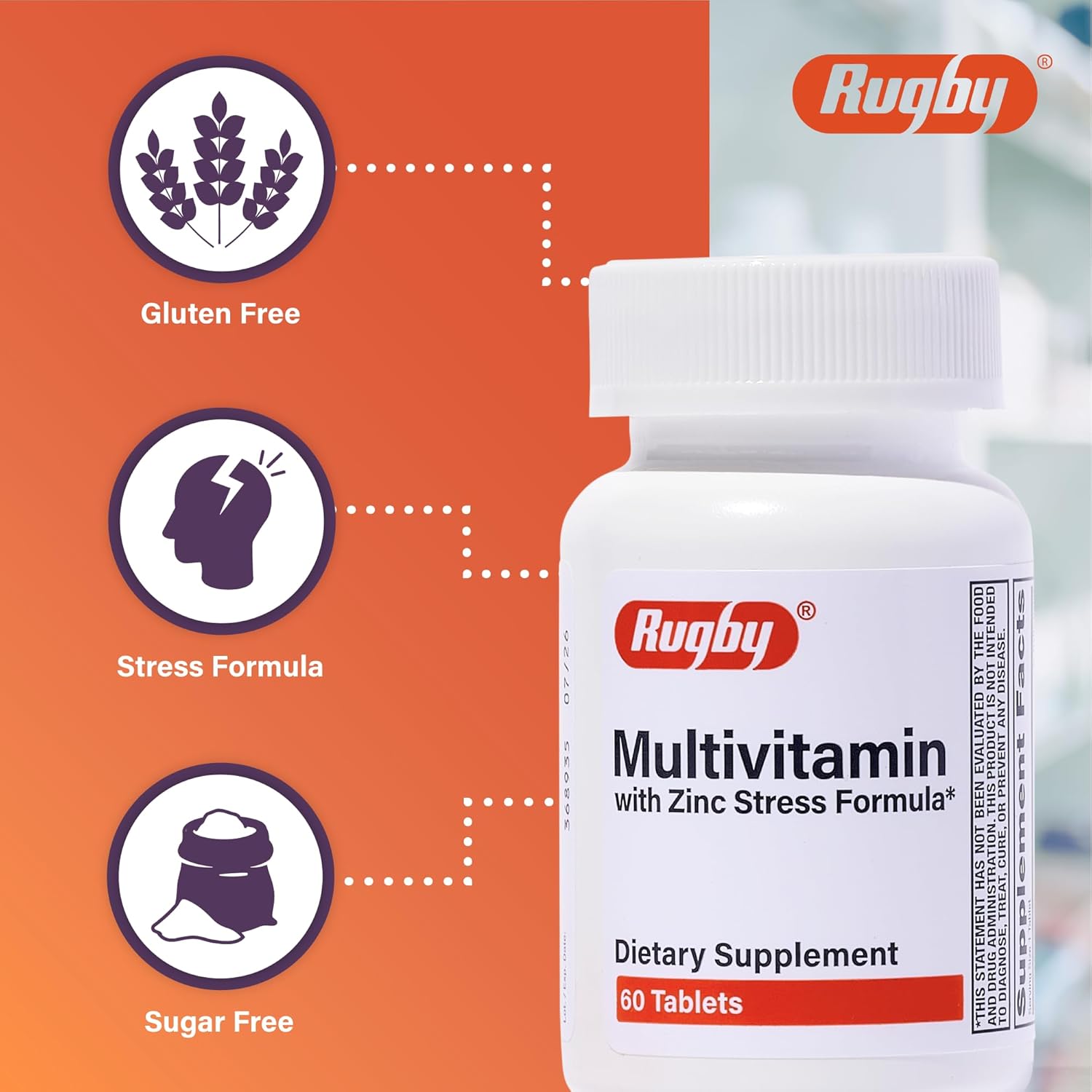 Rugby Multivitamin with Zinc Stress Formula - 180 Tablets - Dietary Supplement Pack of 3