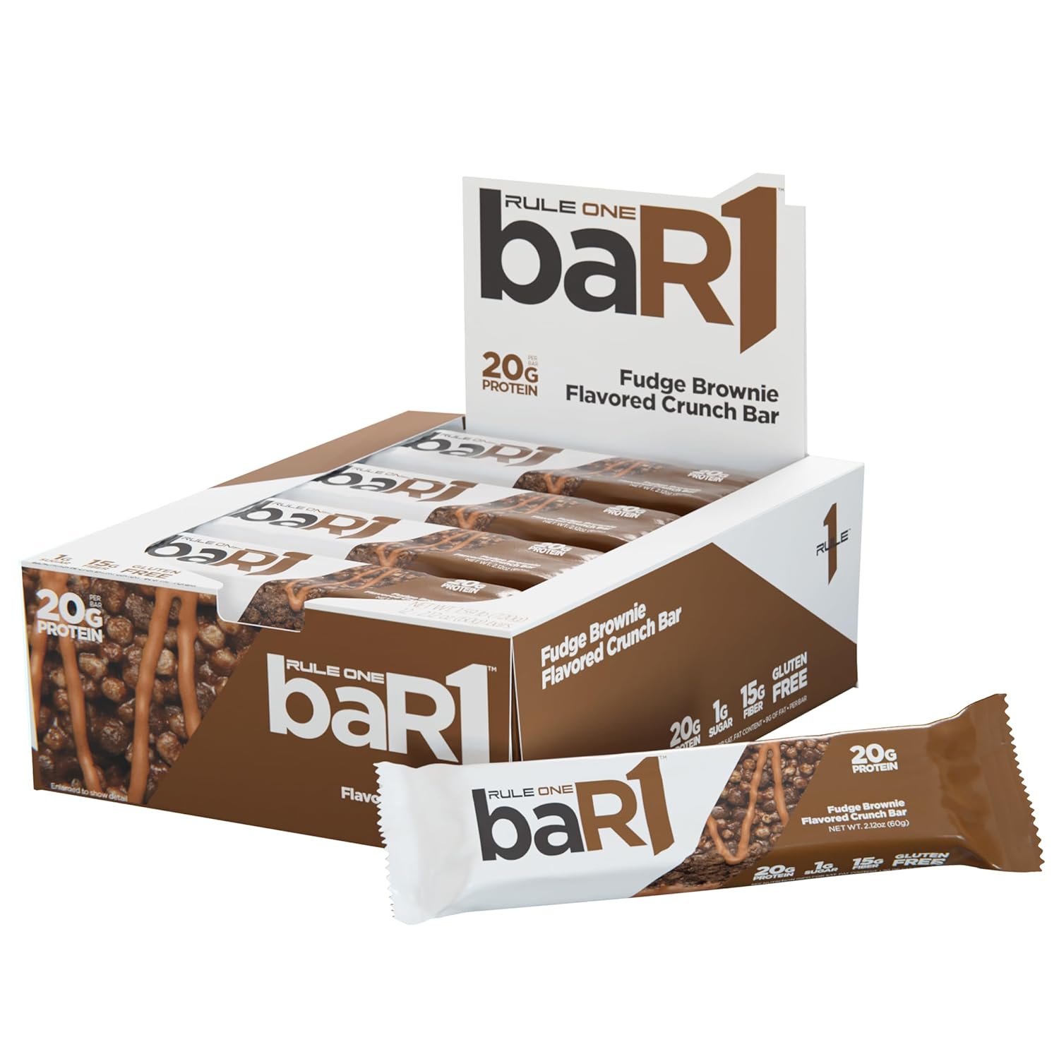 Rule 1 baR1 Crunch Bar - 20g Protein Snack Bars with EAAs/BCAAs & Fiber (12 Count, Fudge Brownie)