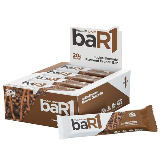 Rule 1 baR1 Crunch Bar - 20g Protein Snack Bars with EAAs/BCAAs & Fiber (12 Count, Fudge Brownie)