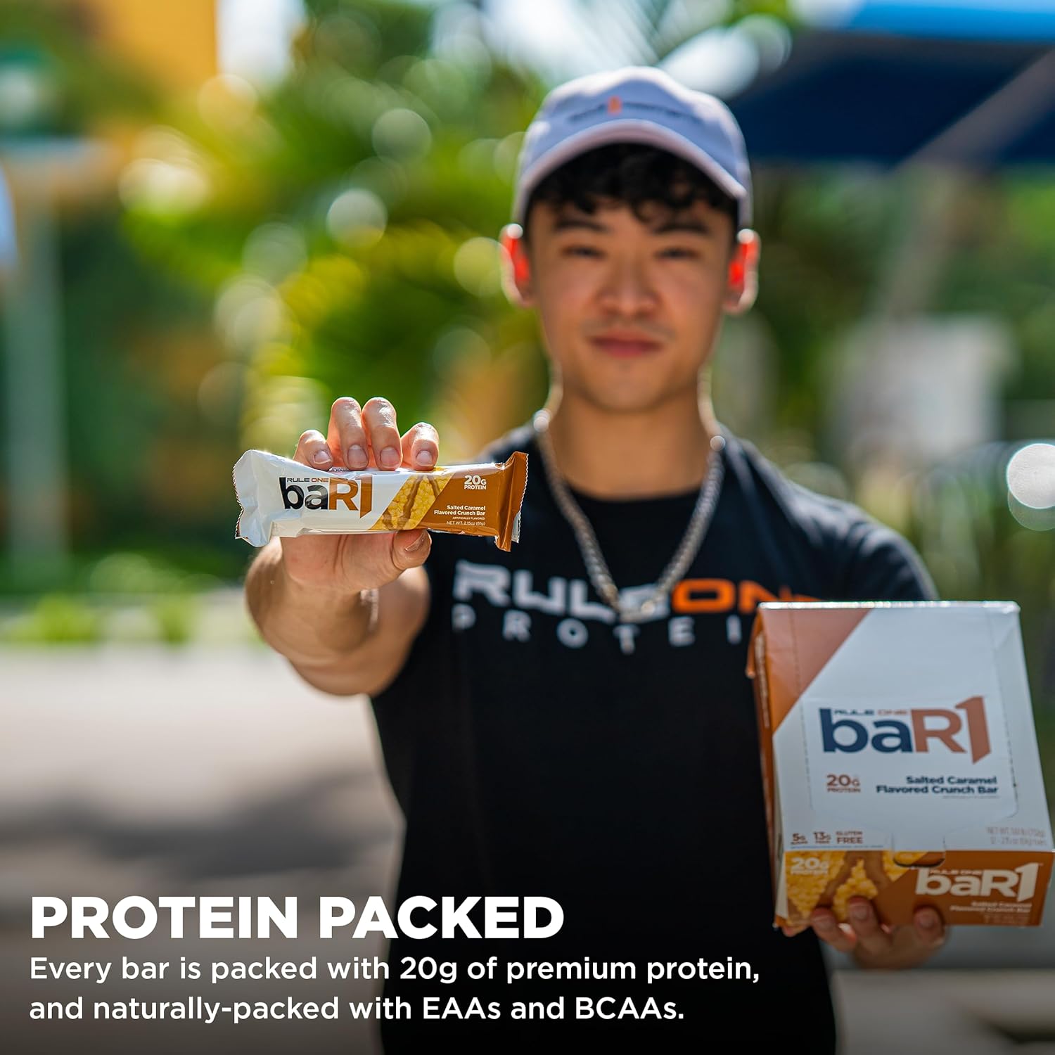 Rule 1 baR1 Crunch Bar - 20g Protein Snack Bars with EAAs/BCAAs & Fiber (12 Count, Fudge Brownie)