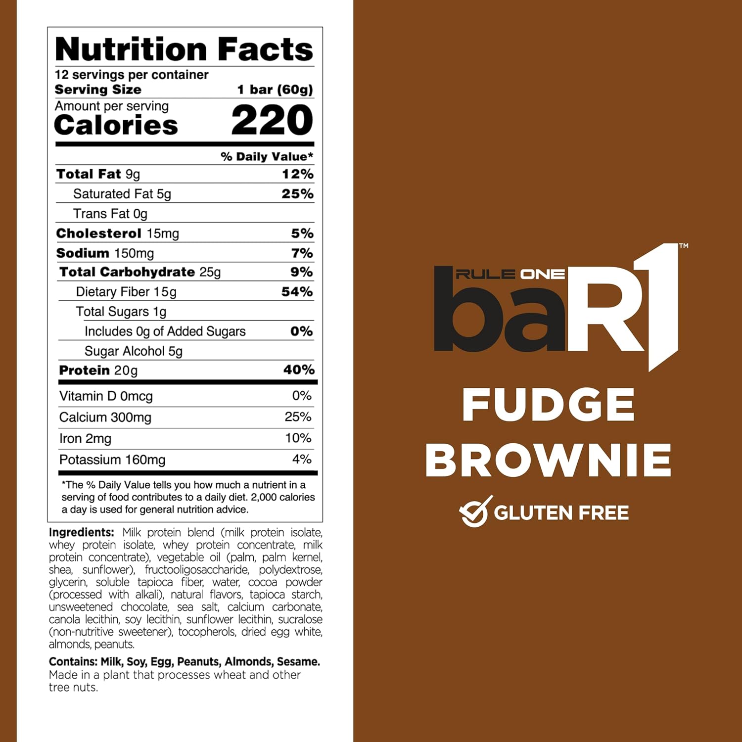 Rule 1 baR1 Crunch Bar - 20g Protein Snack Bars with EAAs/BCAAs & Fiber (12 Count, Fudge Brownie)
