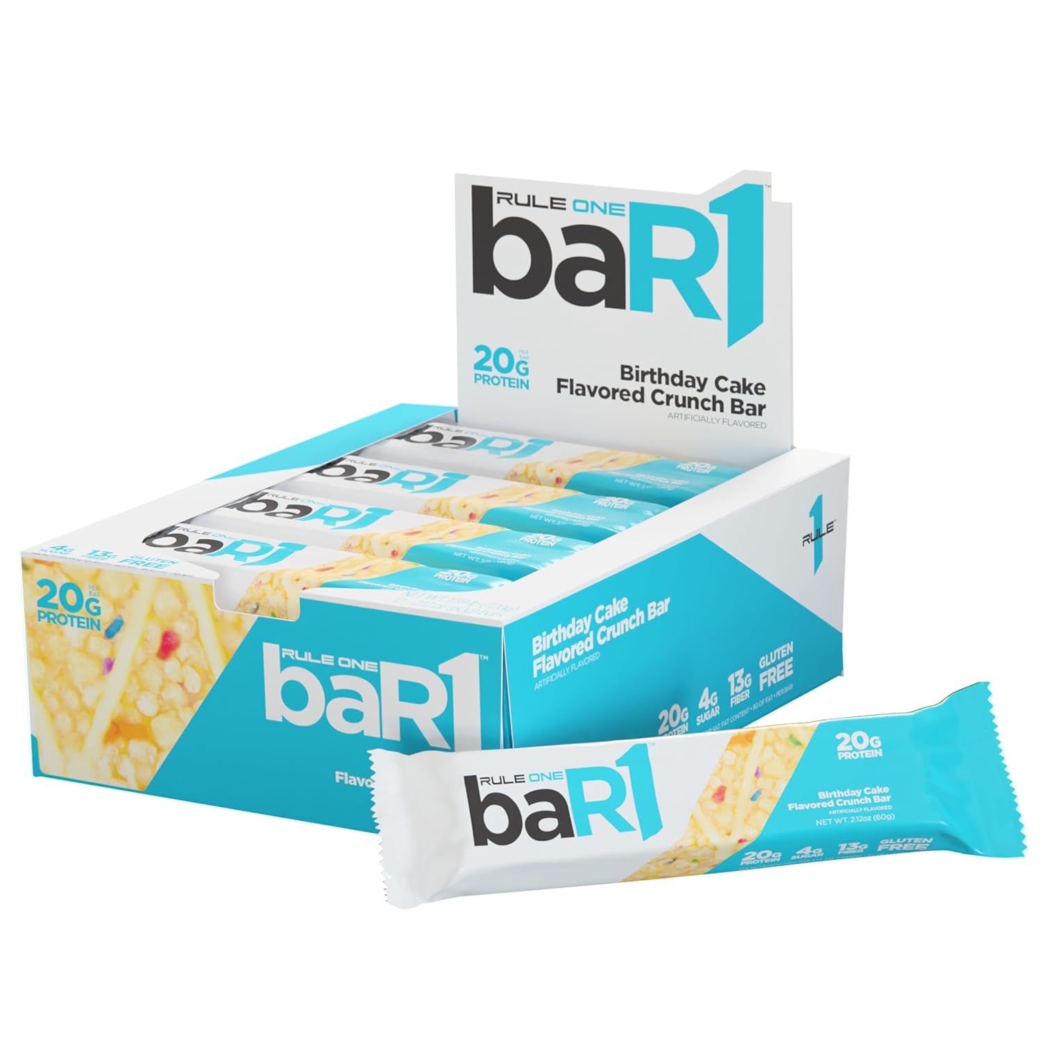 Rule 1 baR1 Crunch Bar - Birthday Cake Flavor Protein Snack Bars with 20g Protein, EAAs/BCAAs, and Fiber - 12 Count Box