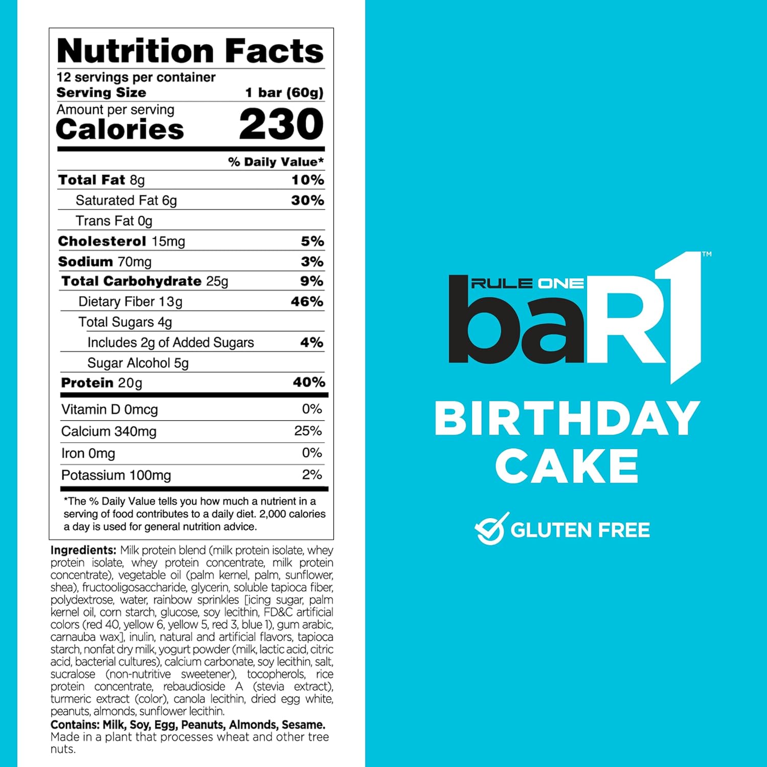 Rule 1 baR1 Crunch Bar - Birthday Cake Flavor Protein Snack Bars with 20g Protein, EAAs/BCAAs, and Fiber - 12 Count Box