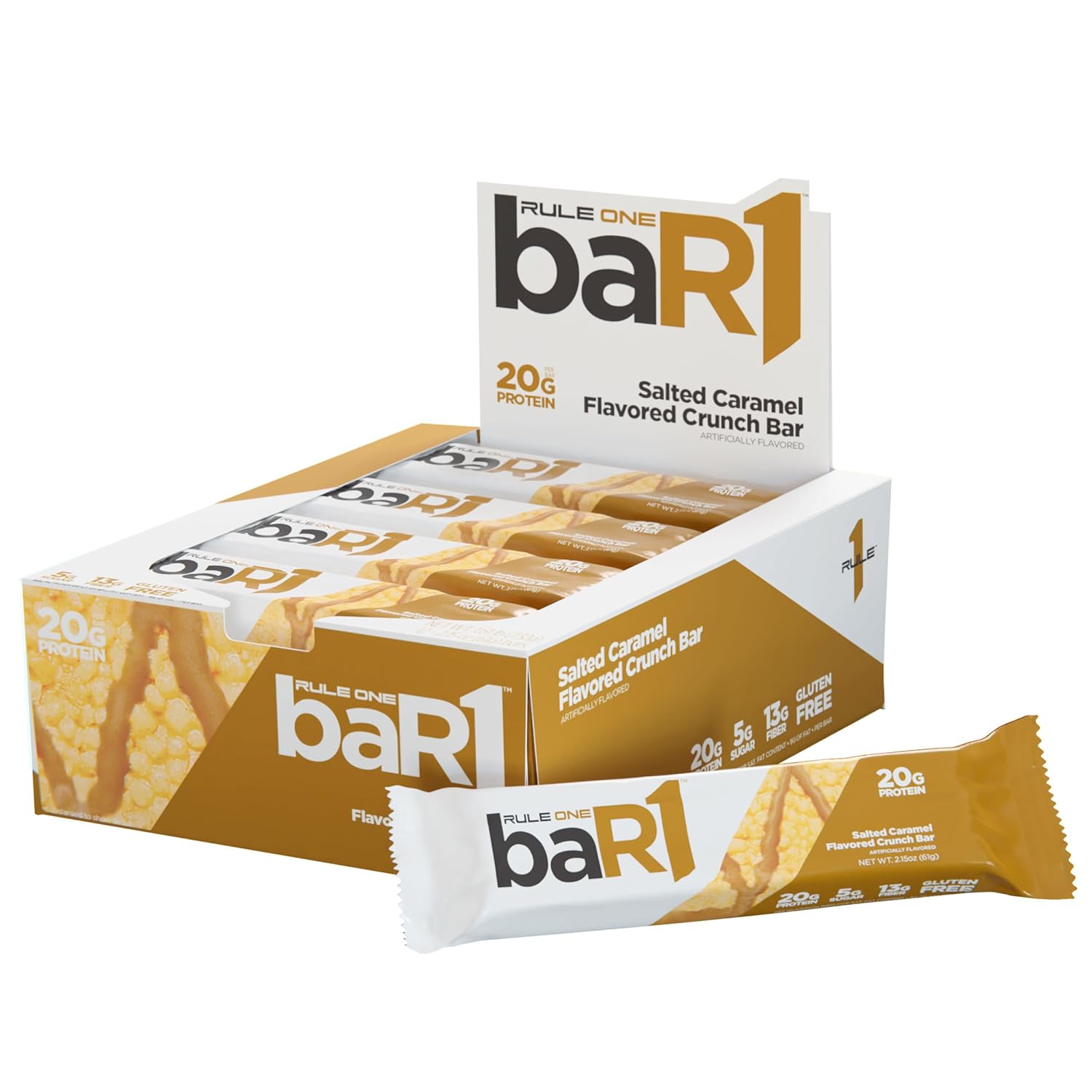 Rule 1 BaR1 Crunch Bar - Salted Caramel Protein Snack Bars, 20g Premium Protein, High Fiber, 12 Count Box
