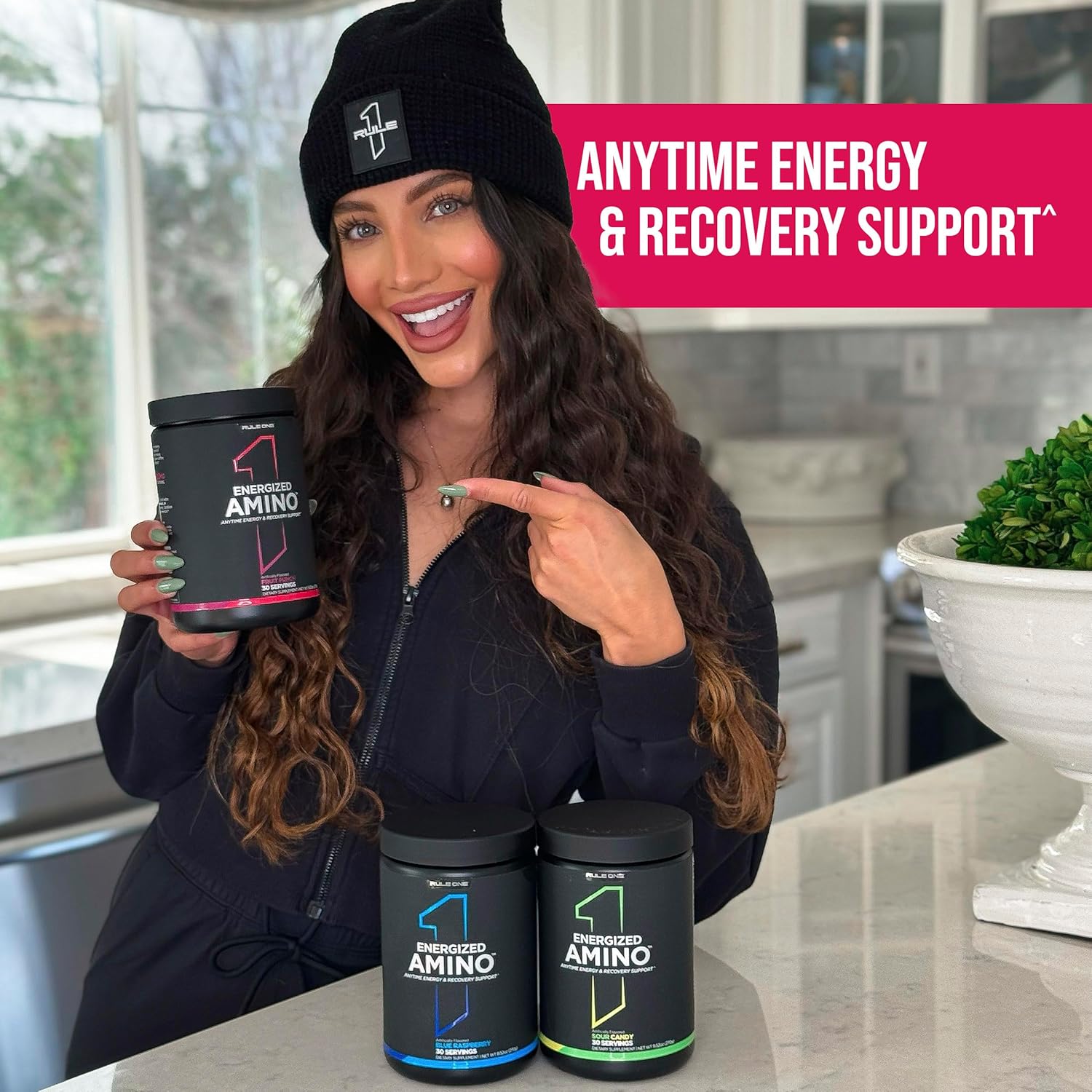 Rule 1 Energized Amino: Anytime Energy & Recovery Support with BCAAs, Glutamine, Citrulline, Beta Alanine, Caffeine - Blue Raspberry Flavor
