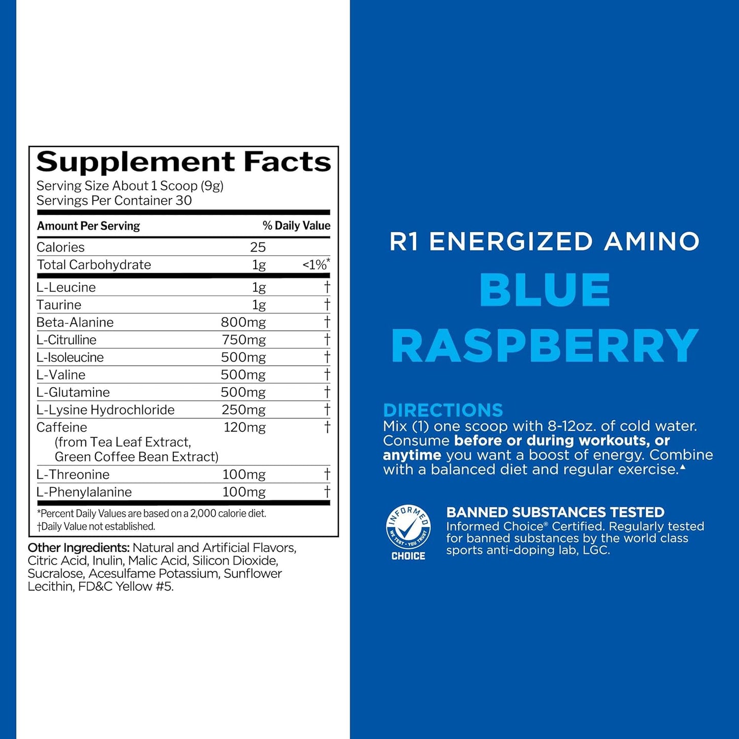 Rule 1 Energized Amino: Anytime Energy & Recovery Support with BCAAs, Glutamine, Citrulline, Beta Alanine, Caffeine - Blue Raspberry Flavor