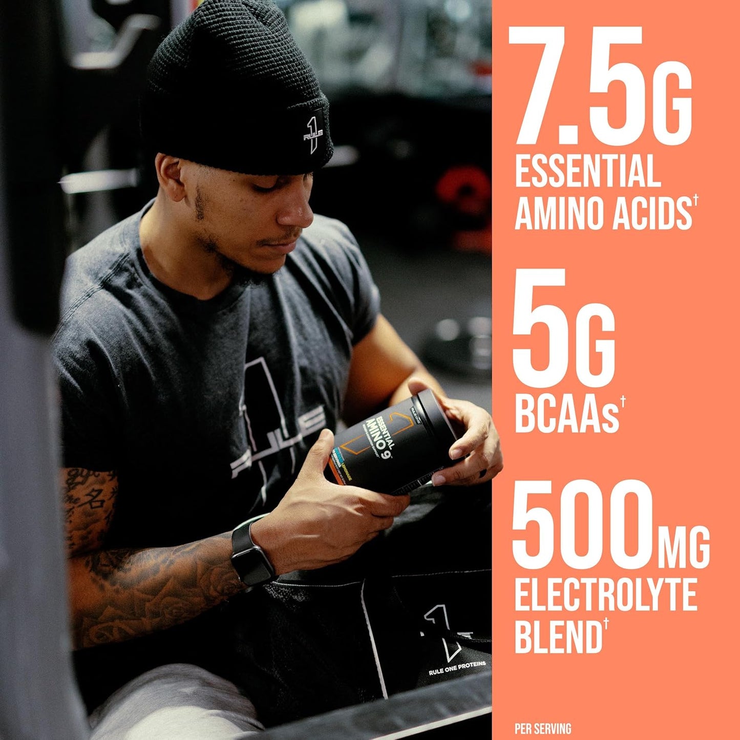 Rule 1 Essential Amino 9 Supplement - Recovery & Hydration Support with Electrolytes - Peach Mango Flavor - 30 Servings