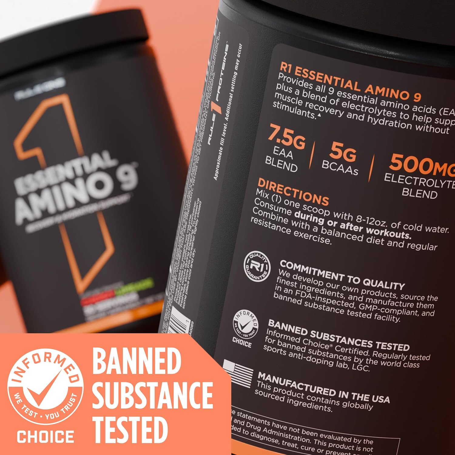Rule 1 Essential Amino 9 Supplement - Recovery & Hydration Support with Electrolytes - Peach Mango Flavor - 30 Servings