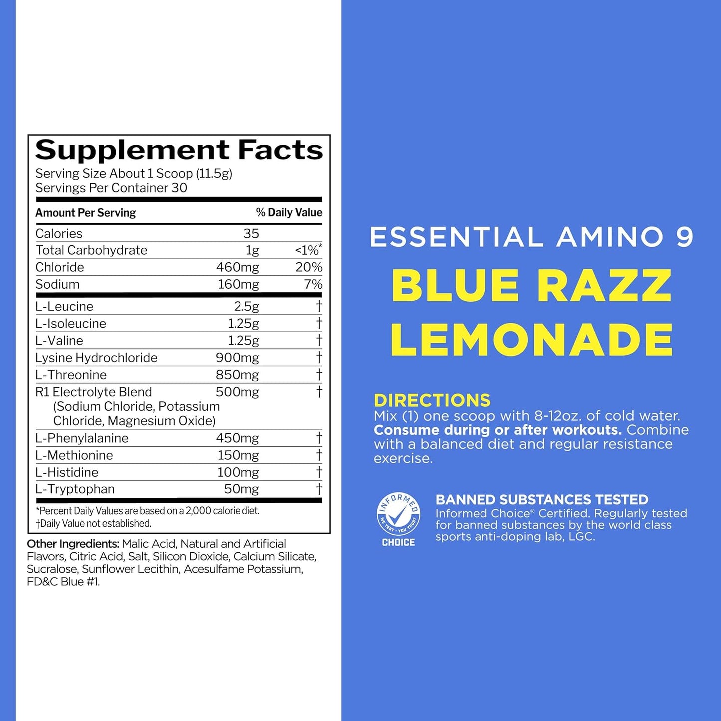 Rule 1 Essential Amino 9 Supplement for Recovery & Hydration - Blue Razz Lemonade Flavor, 30 Servings