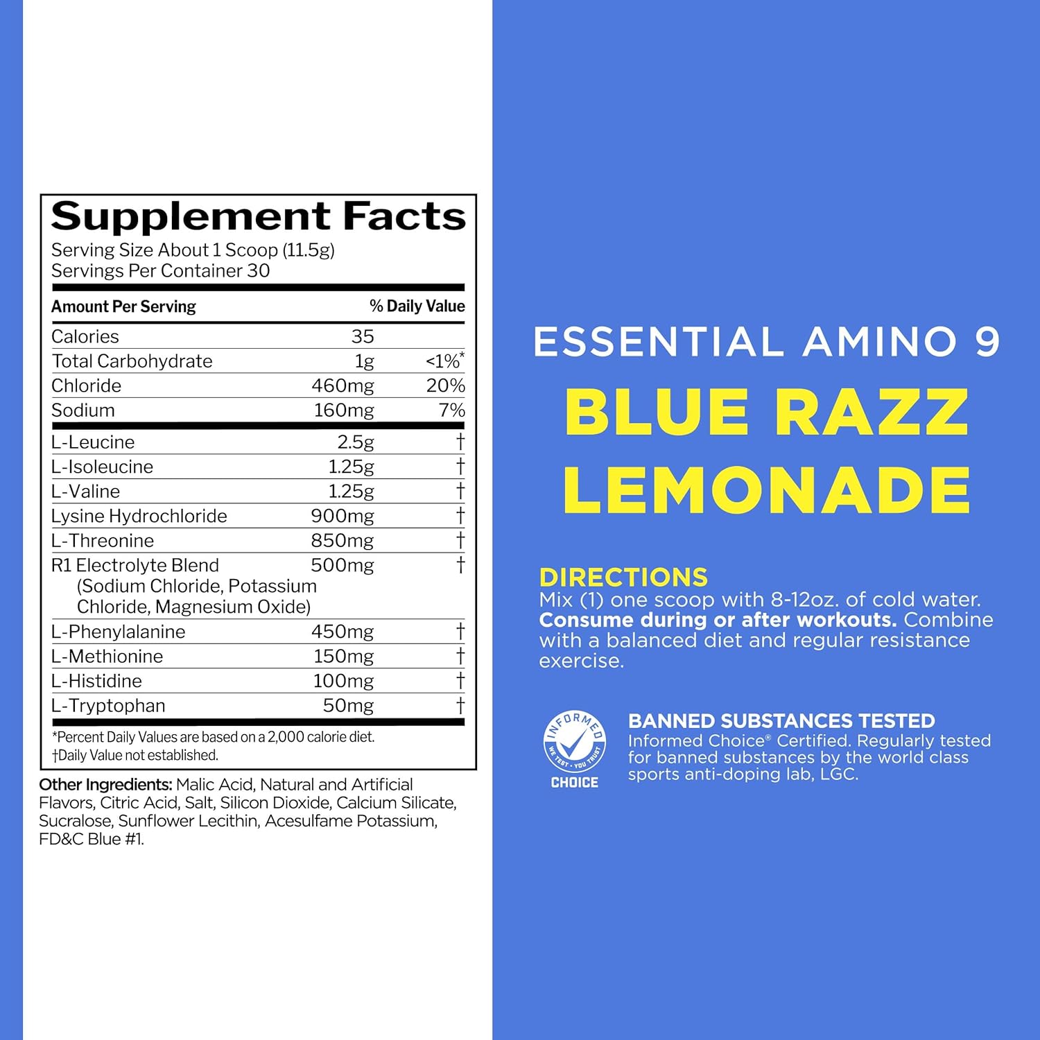 Rule 1 Essential Amino 9 Supplement for Recovery & Hydration - Blue Razz Lemonade Flavor, 30 Servings