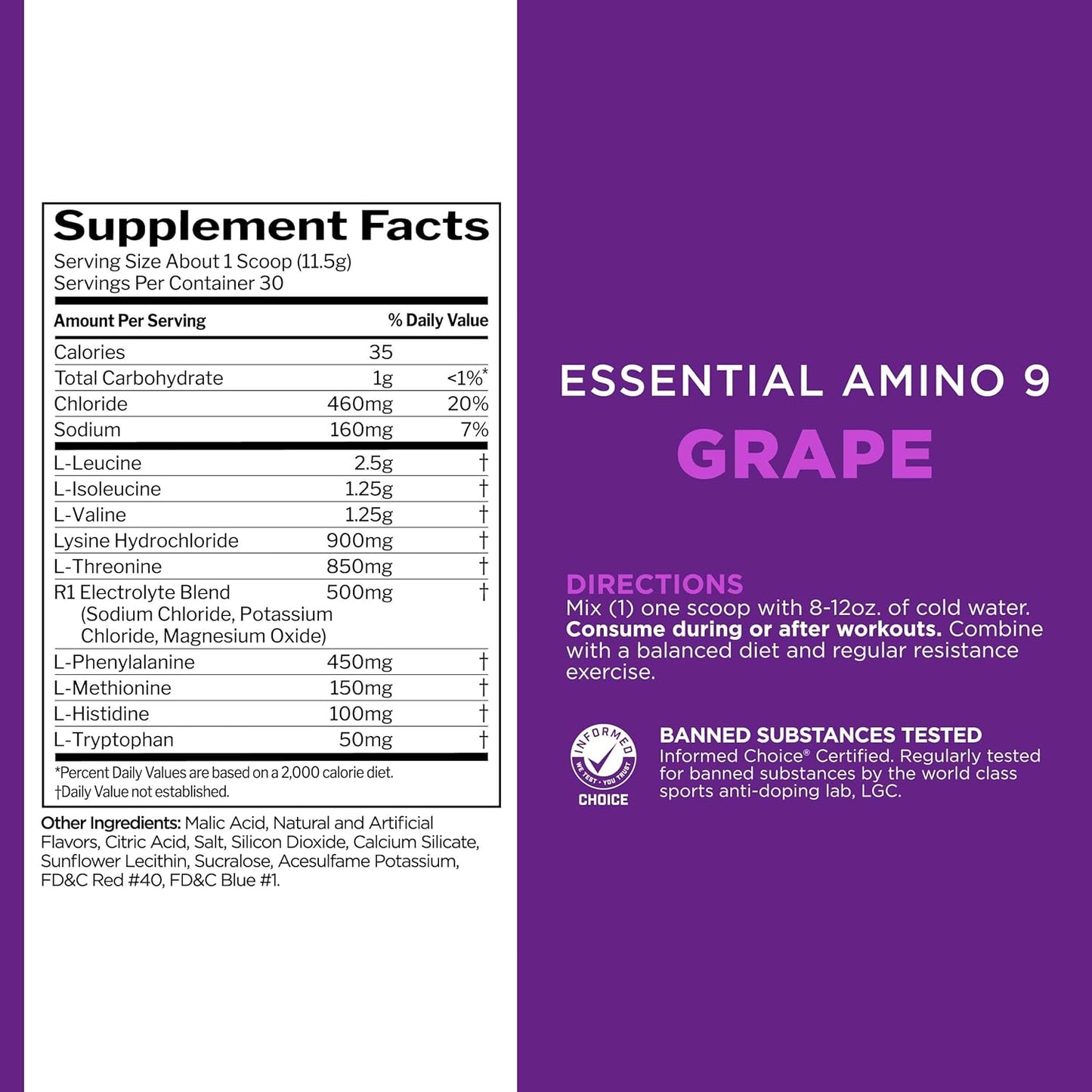 Rule 1 Proteins Essential Amino 9 Supplement - Grape Flavor, 30 Servings, 7.5g EAAs + Electrolytes for Recovery & Hydration Support