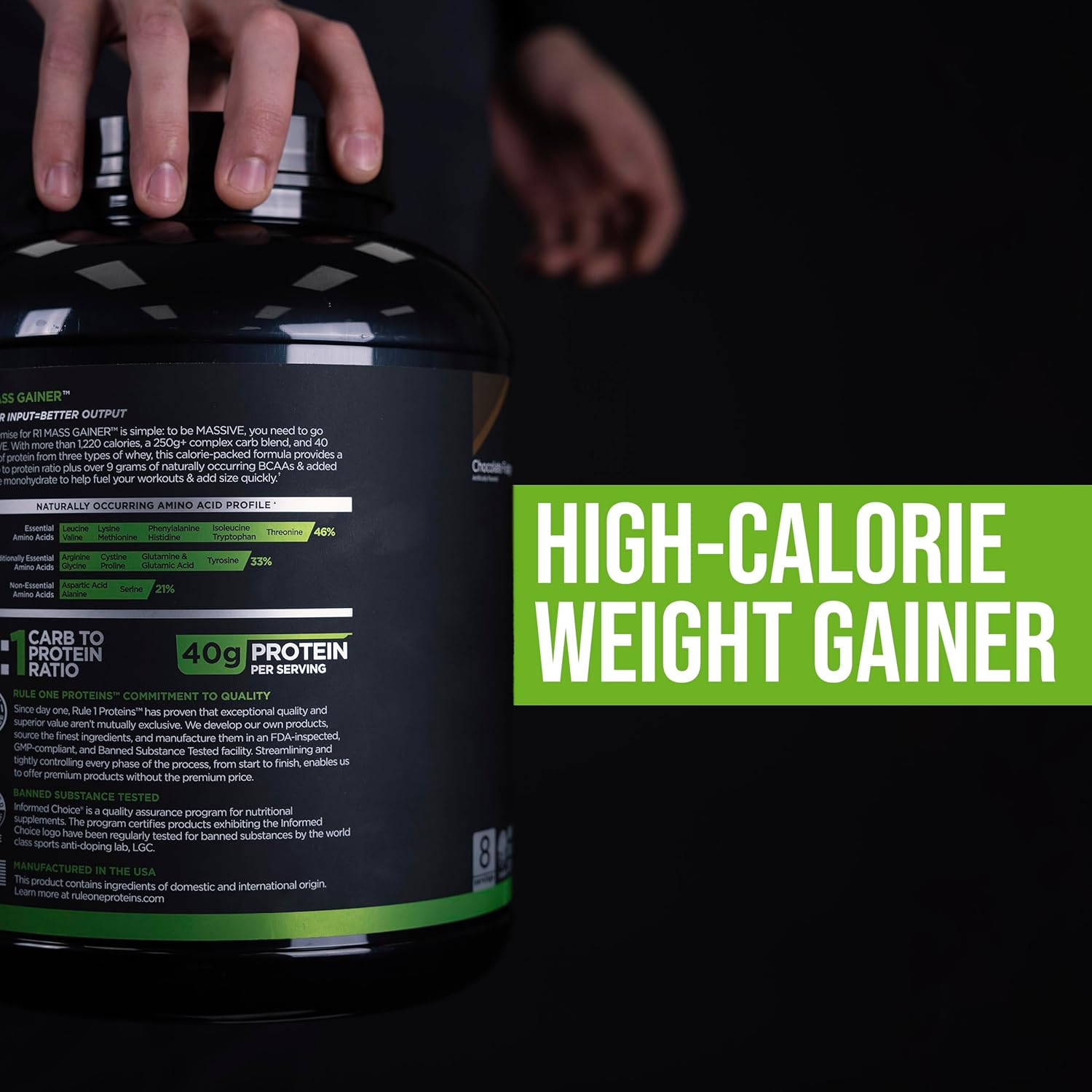 Rule 1 Proteins Mass Gainer Chocolate Fudge - High-Calorie Weight Gain Formula with 1,220+ Calories and 40g Protein Per Serving