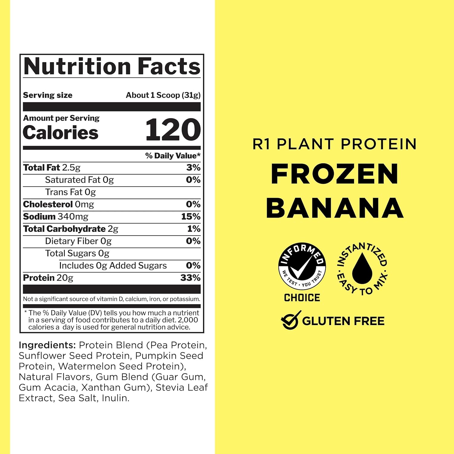 Rule 1 Proteins Plant Protein Powder - Vegan, Gluten-Free, Dairy & Soy Free (20g Protein per Serving, Frozen Banana Flavor)