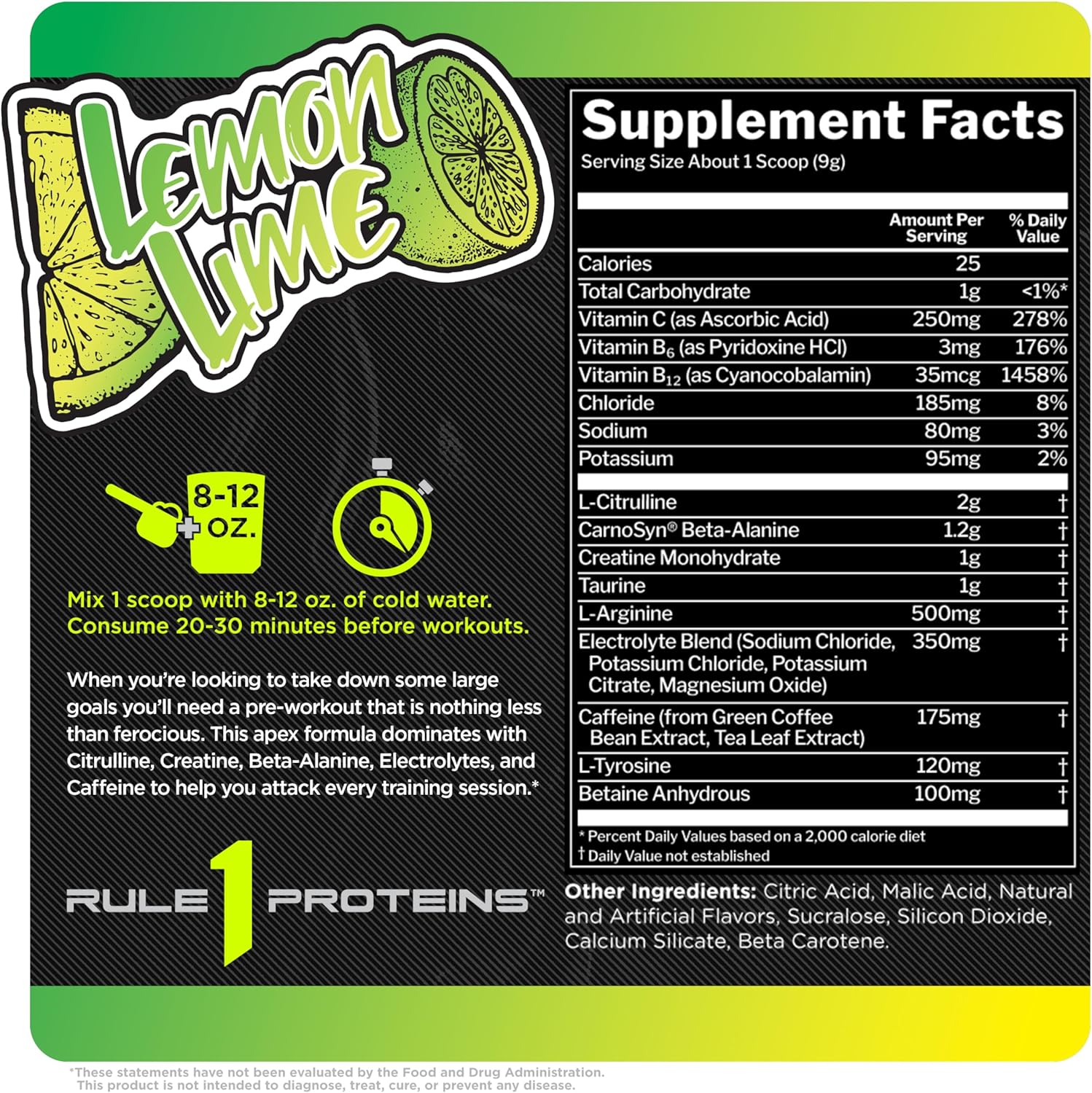 Rule 1 Proteins R1 Roar Pre-Workout Powder - Lemon Lime Flavor with Creatine, Beta-Alanine, Citrulline, Electrolytes, and Caffeine