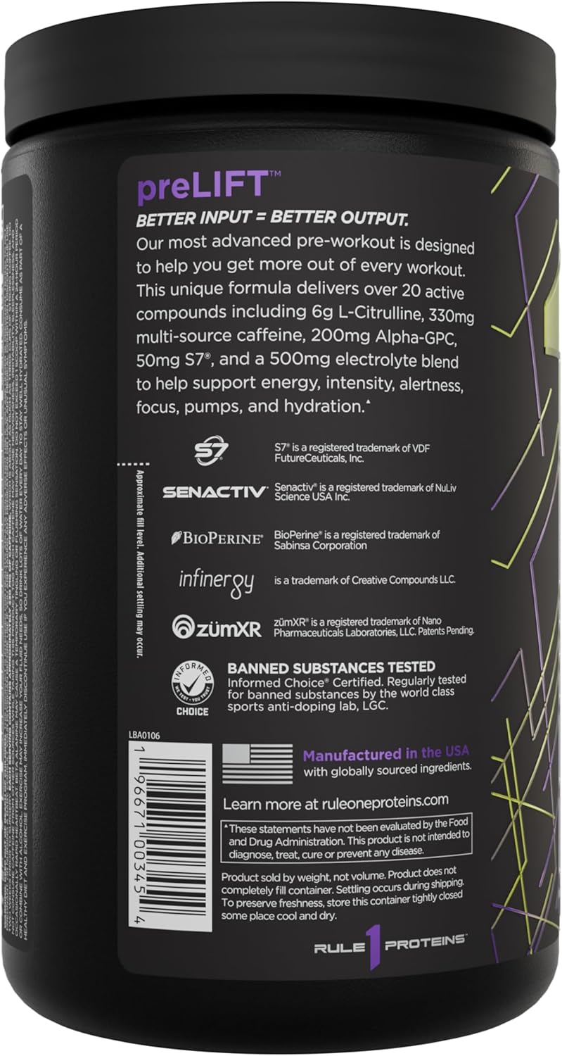 Rule 1 Proteins Rule 1 preLIFT Pre-Workout Supplement - Acai Berry Flavor, 30 Servings, Energy, Alertness, & Endurance Booster with 6g Citrulline, 3.2g Beta Alanine, 3 Caffeine Sources + 20 Others