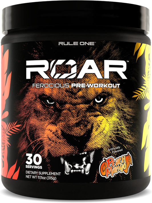 Rule 1 R1 Roar Pre-Workout Powder - Creatine, Beta-Alanine, Citrulline, Electrolytes & Caffeine - Peach Mango (30 Servings)
