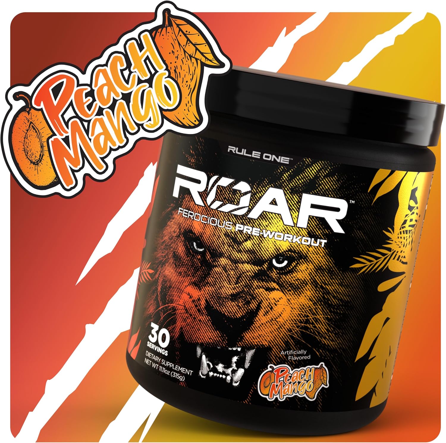 Rule 1 R1 Roar Pre-Workout Powder - Creatine, Beta-Alanine, Citrulline, Electrolytes & Caffeine - Peach Mango (30 Servings)
