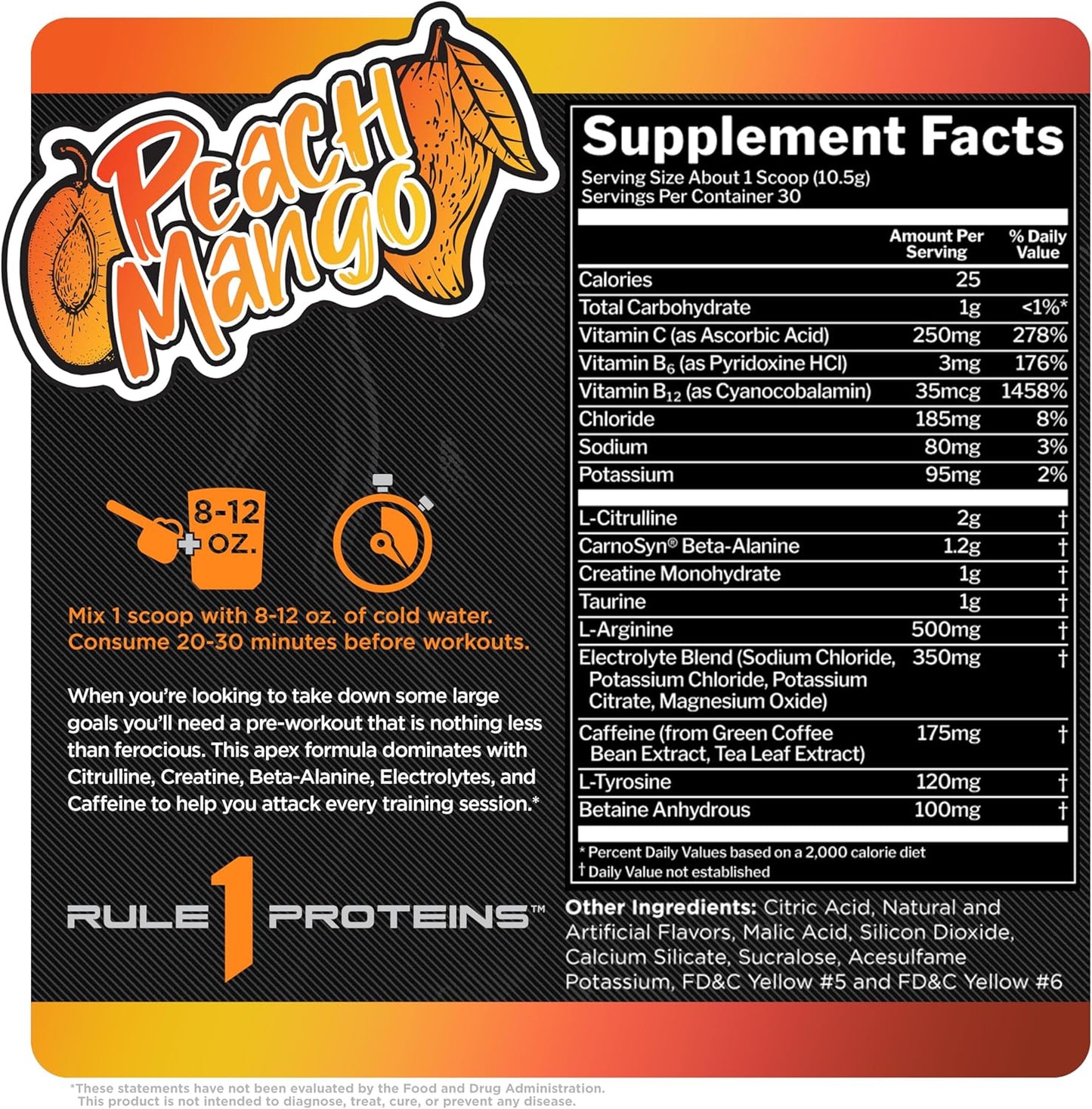 Rule 1 R1 Roar Pre-Workout Powder - Creatine, Beta-Alanine, Citrulline, Electrolytes & Caffeine - Peach Mango (30 Servings)