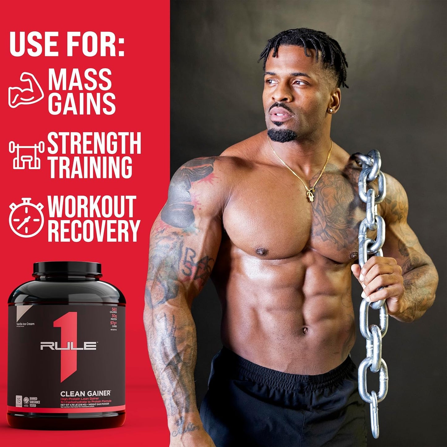 Rule One Proteins R1 Clean Gainer - High-Protein Lean Gain Formula with 560 Calories, 30g Protein, 90g Carbs, Under 6g Fat - Chocolate Fudge - 15 Servings