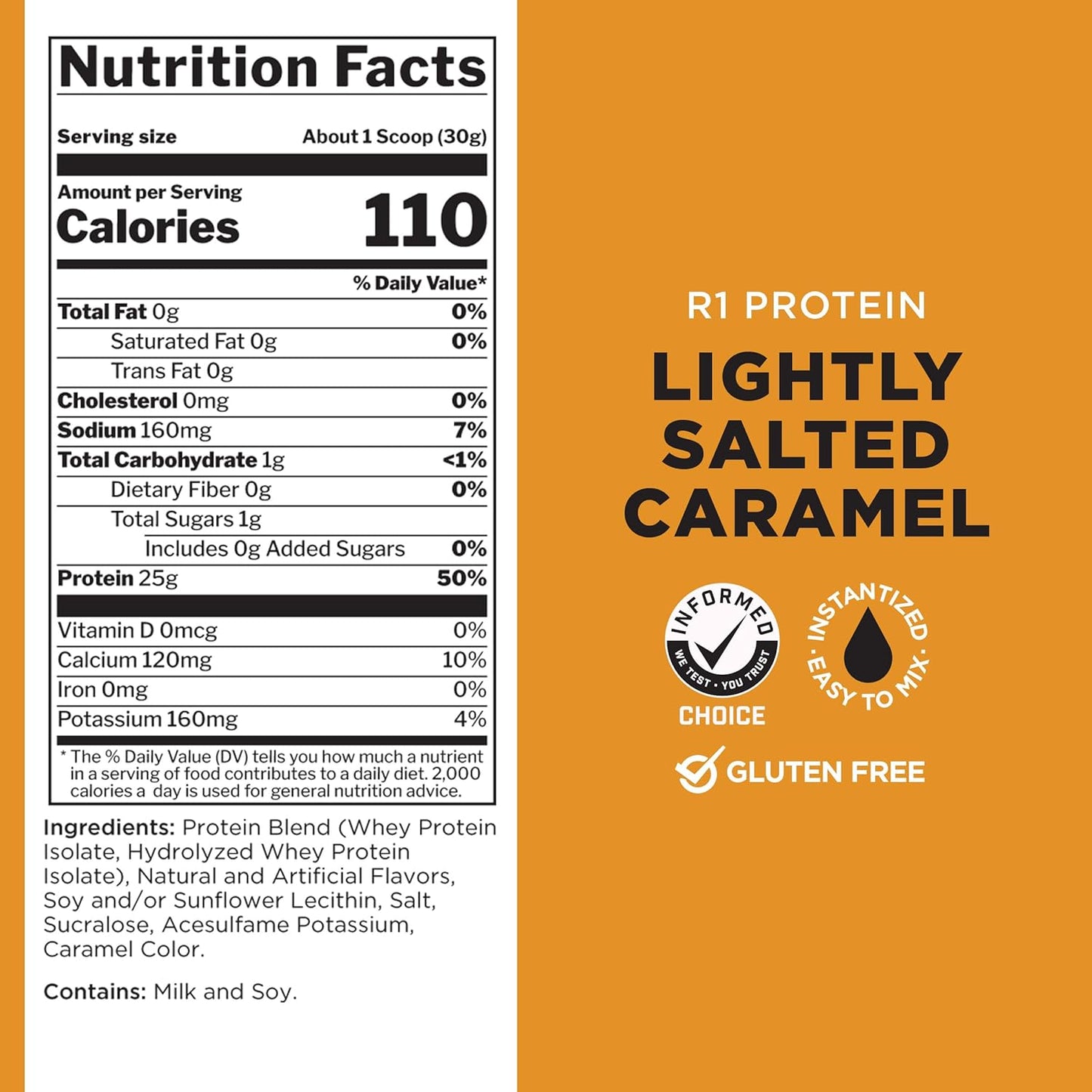 Rule One Proteins R1 Protein - 25g Fast-Acting Isolate & Hydrolysate Protein Powder with 6g BCAAs (2lbs, Salted Caramel)