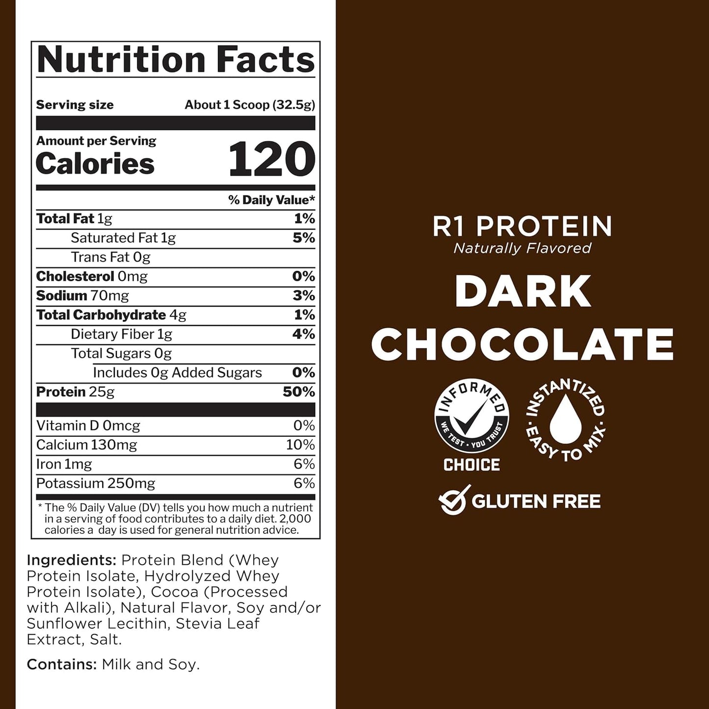 Rule One Proteins R1 Protein - Dark Chocolate Flavor, 1.7 lbs - Whey Isolate Protein Powder with 25g Protein & 6g BCAAs