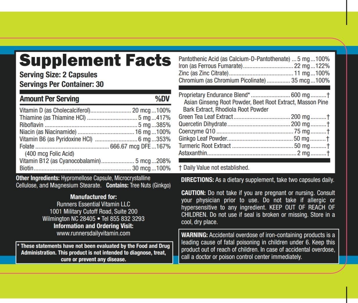 Runners Daily Vitamin - Complete Essentials Formula - One Month Supply - 60 Capsules