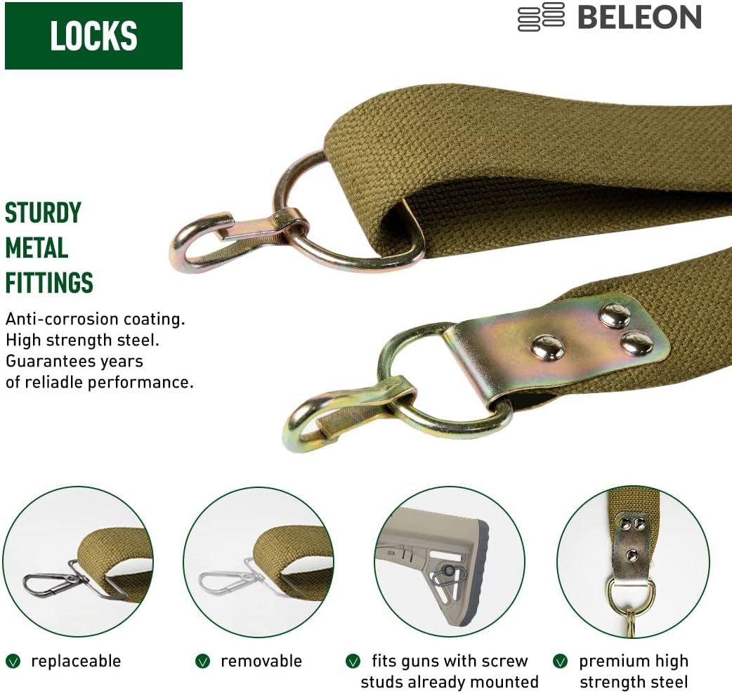 Russian Military Canvas Rifle Sling with Metal Hook for Outdoors - BELEON Two Point Sling