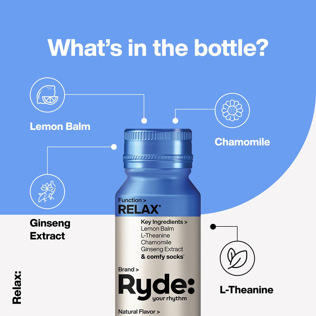 Ryde Relax Shot Raspberry Flavor with Lemon Balm, L-Theanine, Ginseng & Chamomile - 0 Calories, 0 Sugar - 2 FL OZ Shots - 8 Pack - Natural Relaxation*
