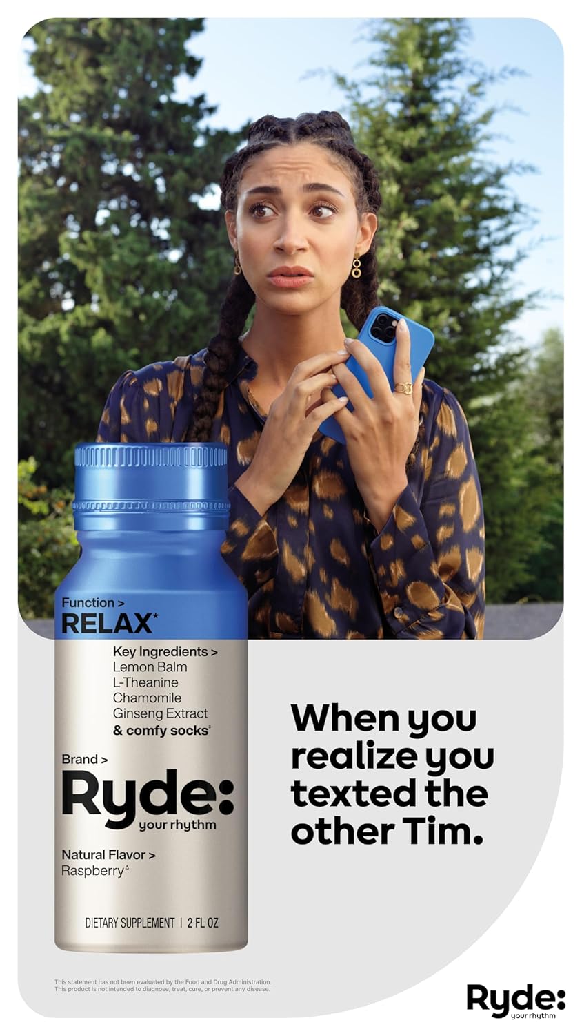 Ryde Relax Shot Raspberry Flavor with Lemon Balm, L-Theanine, Ginseng & Chamomile - 0 Calories, 0 Sugar - 2 FL OZ Shots - 8 Pack - Natural Relaxation*