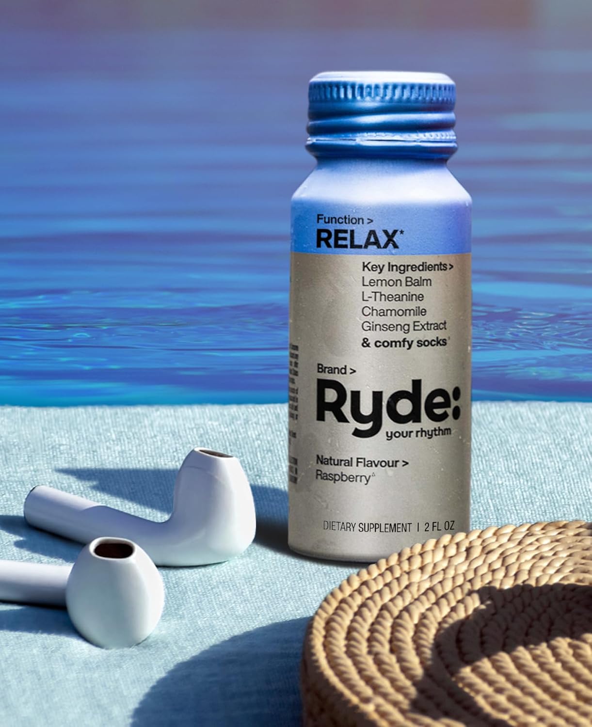Ryde Relax Shot Raspberry Flavor with Lemon Balm, L-Theanine, Ginseng & Chamomile - 0 Calories, 0 Sugar - 2 FL OZ Shots - 8 Pack - Natural Relaxation*