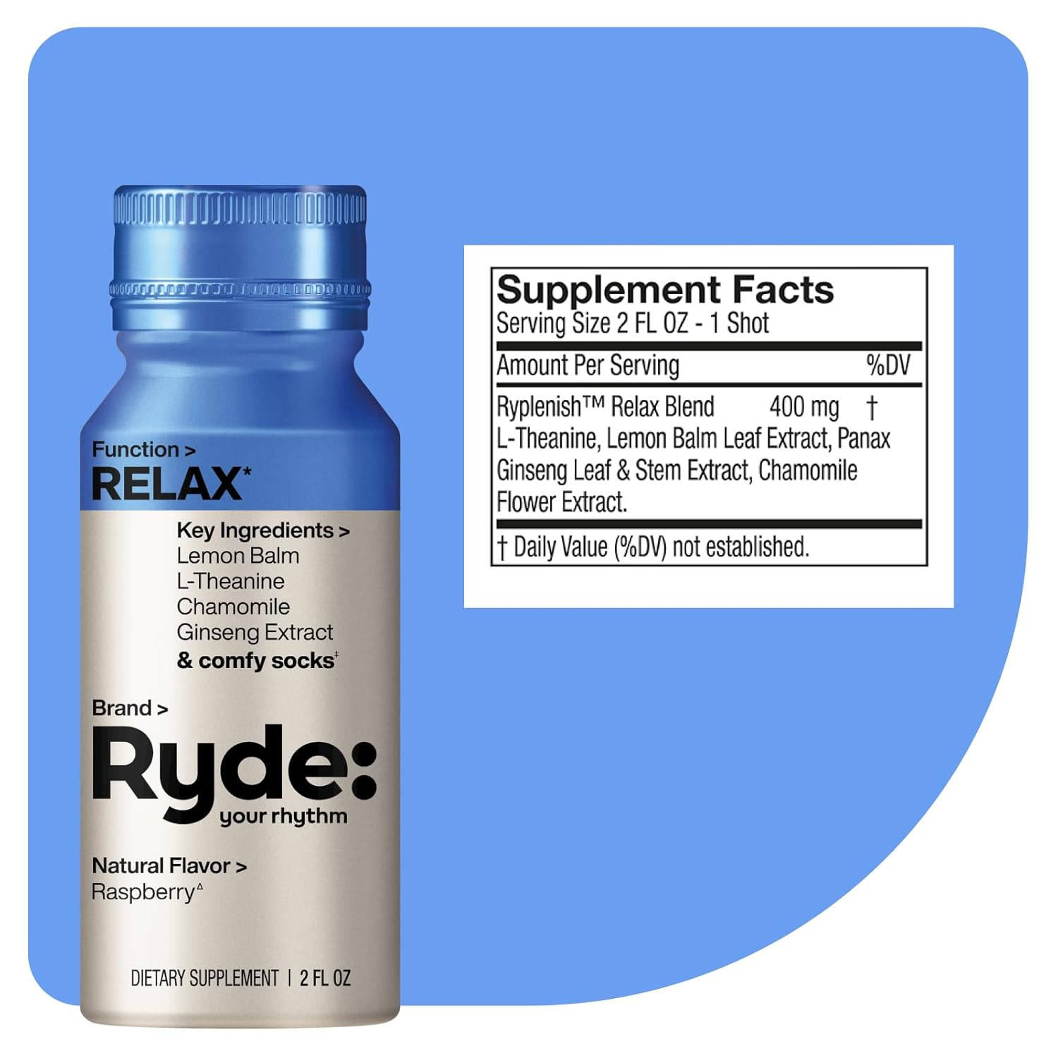 Ryde Relax Shot Raspberry Flavor with Lemon Balm, L-Theanine, Ginseng & Chamomile - 0 Calories, 0 Sugar - 2 FL OZ Shots - 8 Pack - Natural Relaxation*