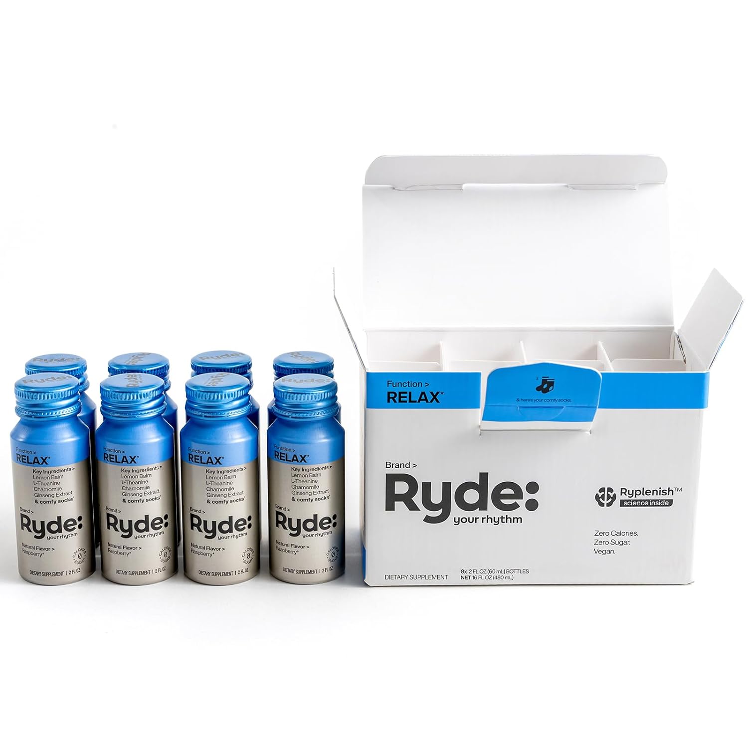 Ryde Relax Shot Raspberry Flavor with Lemon Balm, L-Theanine, Ginseng & Chamomile - 0 Calories, 0 Sugar - 2 FL OZ Shots - 8 Pack - Natural Relaxation*