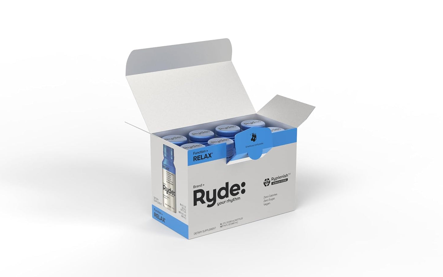 Ryde Relax Shot Raspberry Flavor with Lemon Balm, L-Theanine, Ginseng & Chamomile - 0 Calories, 0 Sugar - 2 FL OZ Shots - 8 Pack - Natural Relaxation*