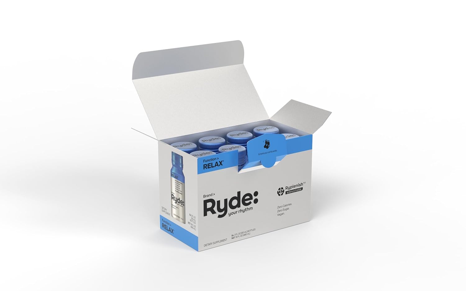 Ryde Relax Shot Raspberry Flavor with Lemon Balm, L-Theanine, Ginseng & Chamomile - 0 Calories, 0 Sugar - 2 FL OZ Shots - 8 Pack - Natural Relaxation*